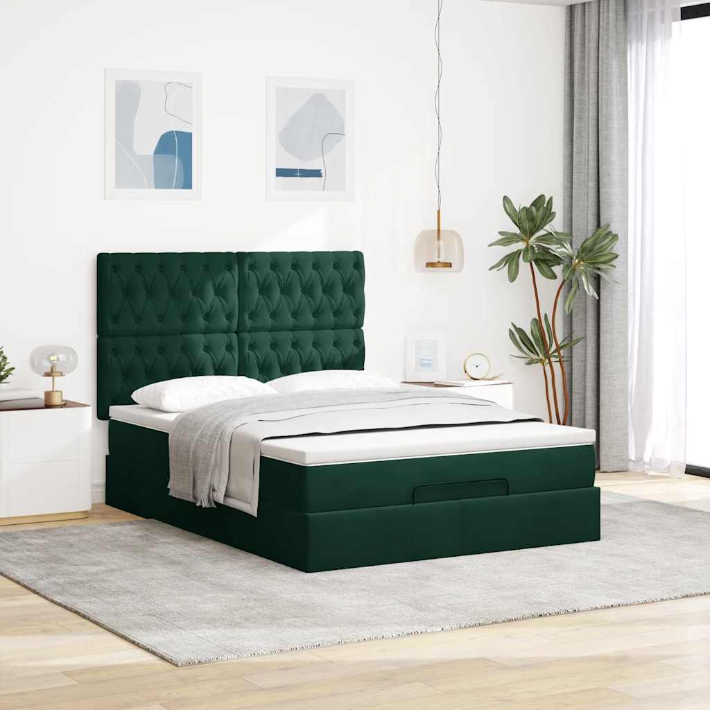 vidaXL Ottoman-Bett mit Matratzen & LEDs Dunkelgrün 140x200 cm Samt