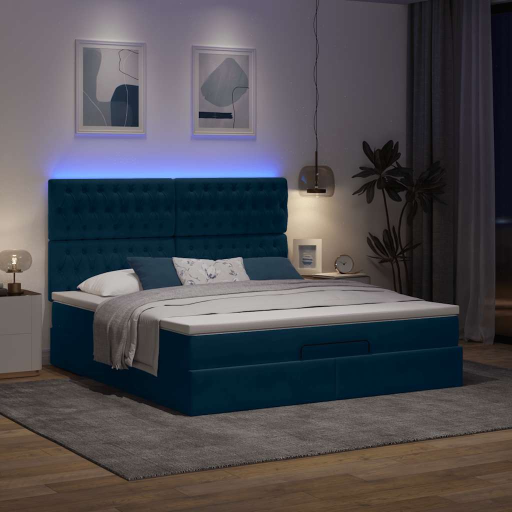Ottoman-Bett mit Matratzen & LEDs Dunkelblau 180x200 cm Samt