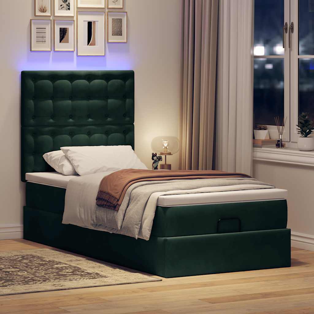 Ottoman-Bett mit Matratzen & LEDs Dunkelgrün 90x190 cm Samt