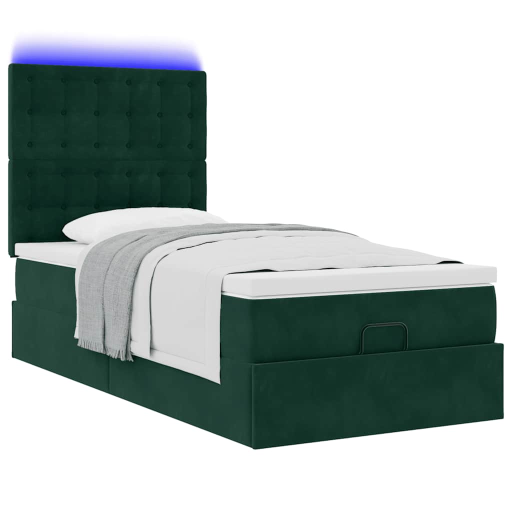 Ottoman-Bett mit Matratzen & LEDs Dunkelgrün 90x190 cm Samt
