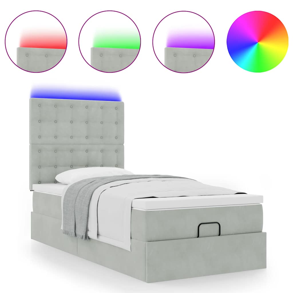 Ottoman-Bett mit Matratzen & LEDs Hellgrau 90x200 cm Samt