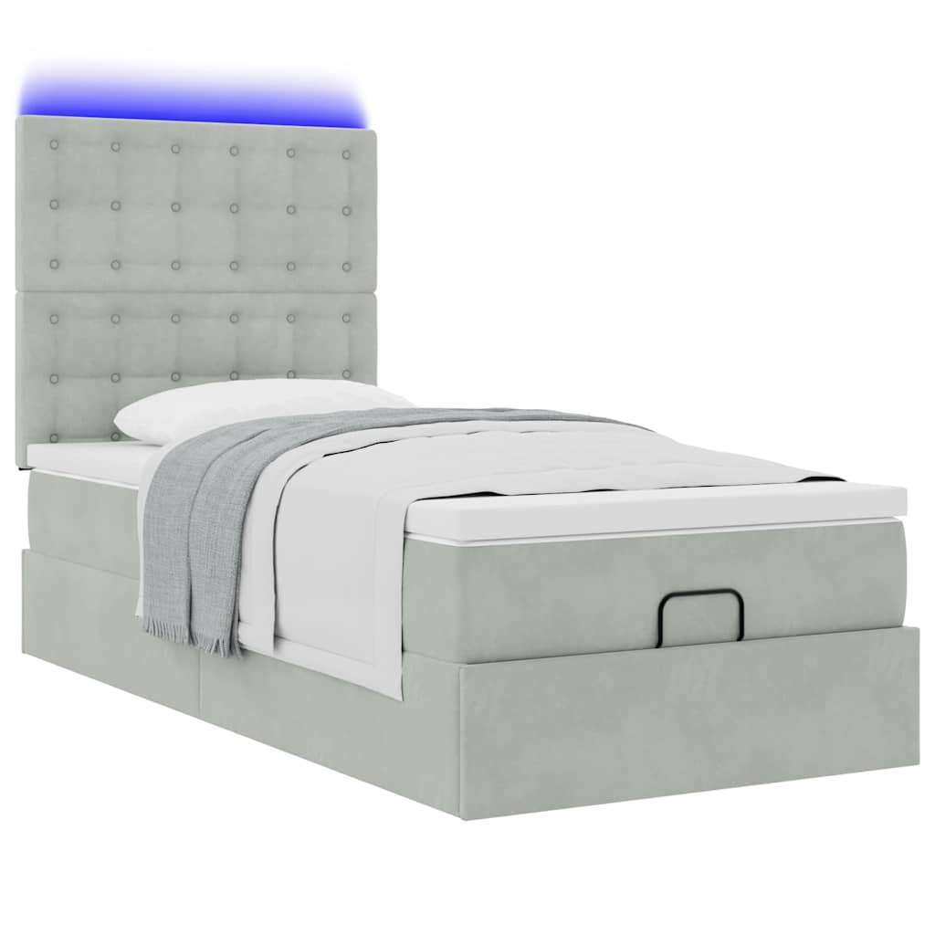Ottoman-Bett mit Matratzen & LEDs Hellgrau 90x200 cm Samt