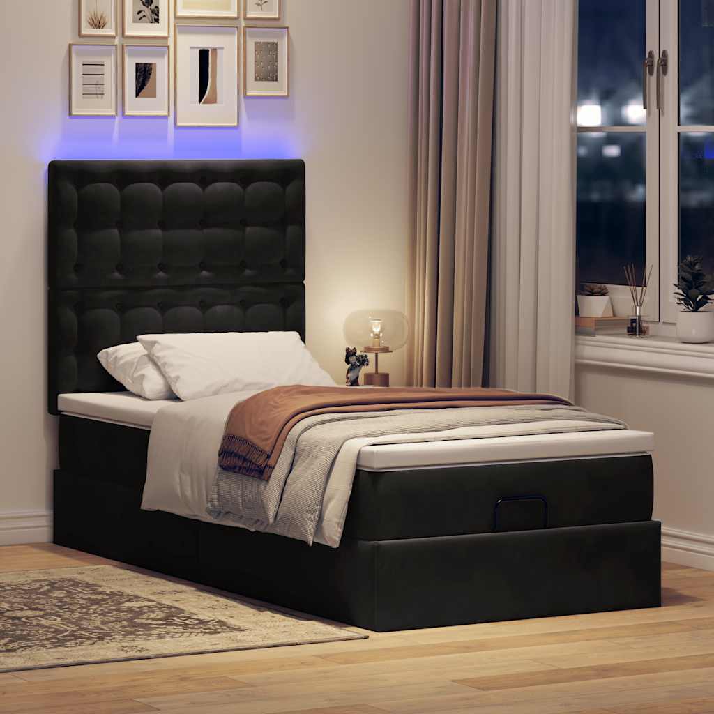 Ottoman-Bett mit Matratzen & LEDs Schwarz 100x200 cm Samt