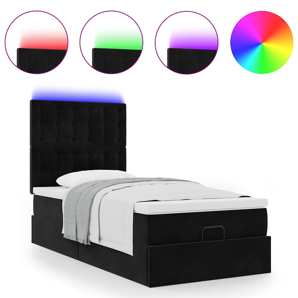 Ottoman-Bett mit Matratzen & LEDs Schwarz 100x200 cm Samt