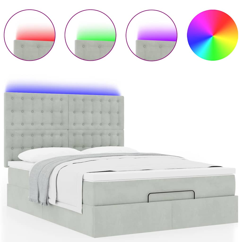 Ottoman-Bett mit Matratzen & LEDs Hellgrau 140x200 cm Samt