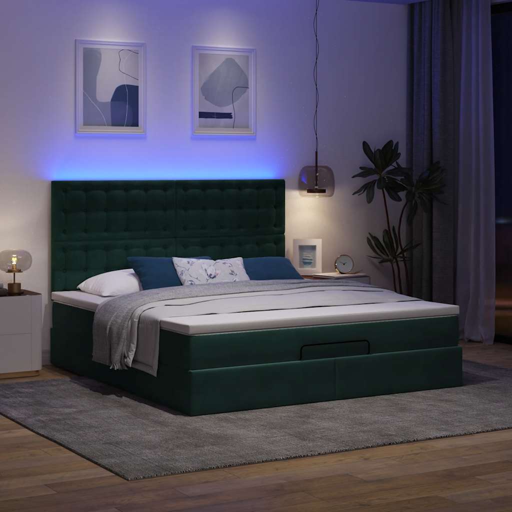 Ottoman-Bett mit Matratzen & LEDs Dunkelgrün 180x200 cm Samt