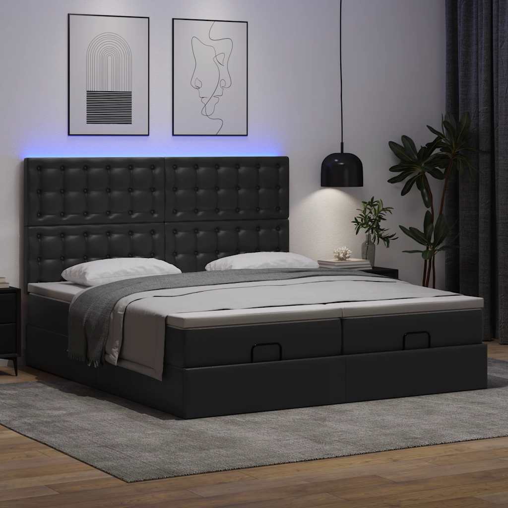 Ottoman-Bett mit Matratzen & LEDs Schwarz 160x200 cm Kunstleder