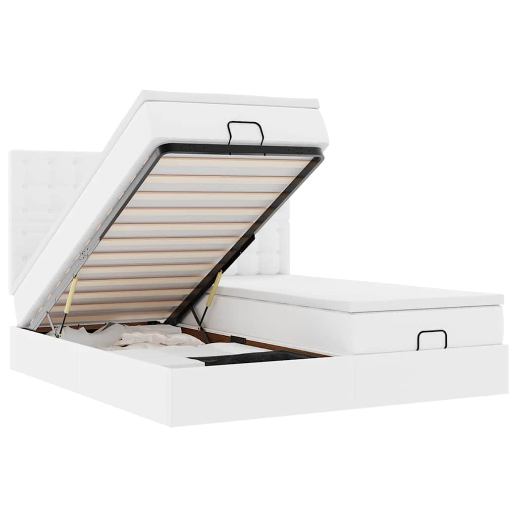 Ottoman-Bett mit Matratzen & LEDs Reinweiß 160x200cm Kunstleder