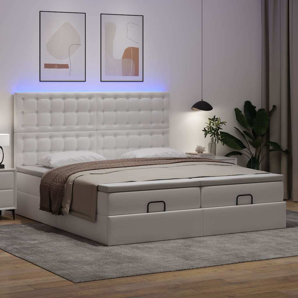 Ottoman-Bett mit Matratzen & LEDs Reinweiß 160x200cm Kunstleder
