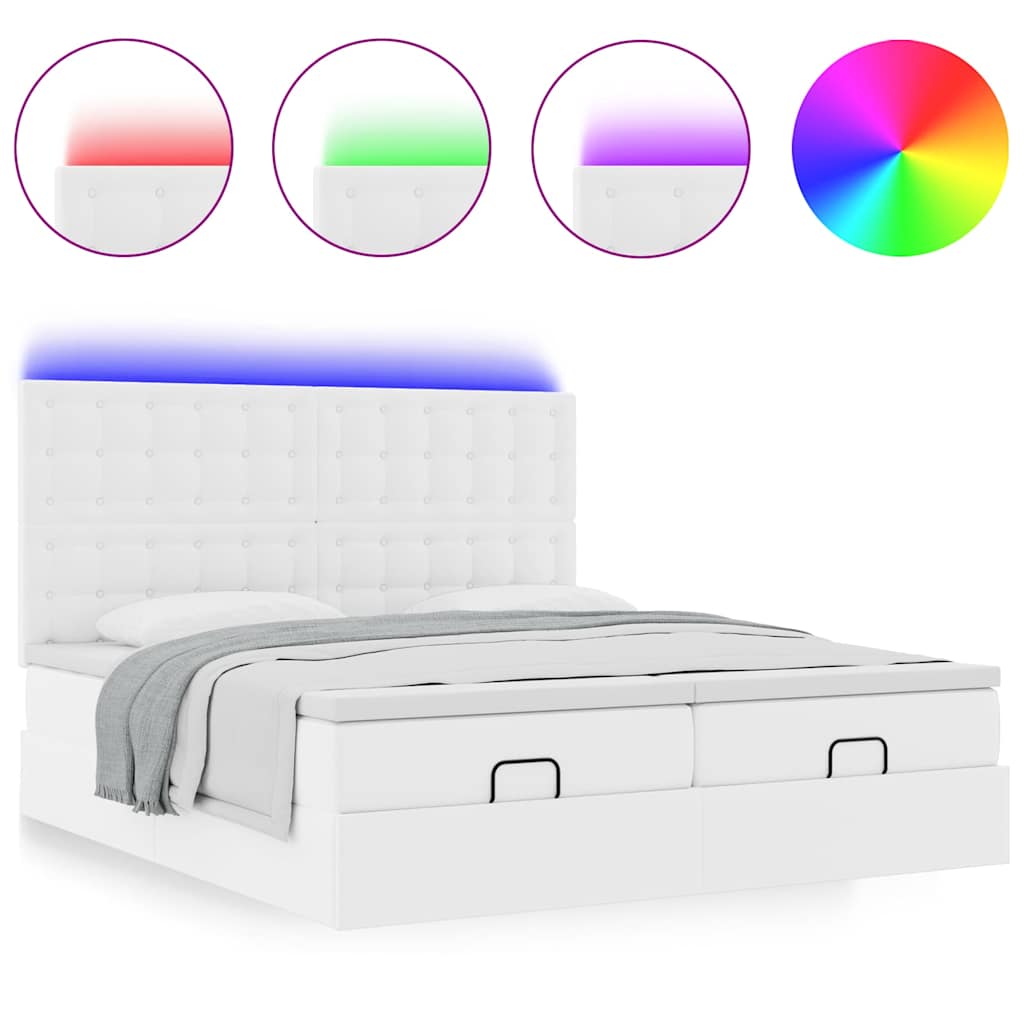 Ottoman-Bett mit Matratzen & LEDs Reinweiß 160x200cm Kunstleder
