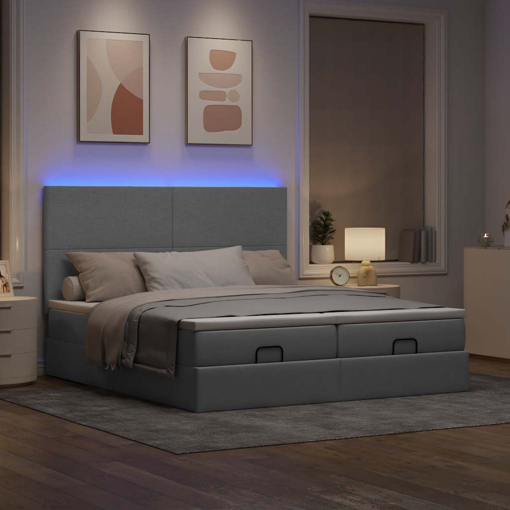 Ottoman-Bett mit Matratzen & LEDs Hellgrau 200x200 cm Stoff