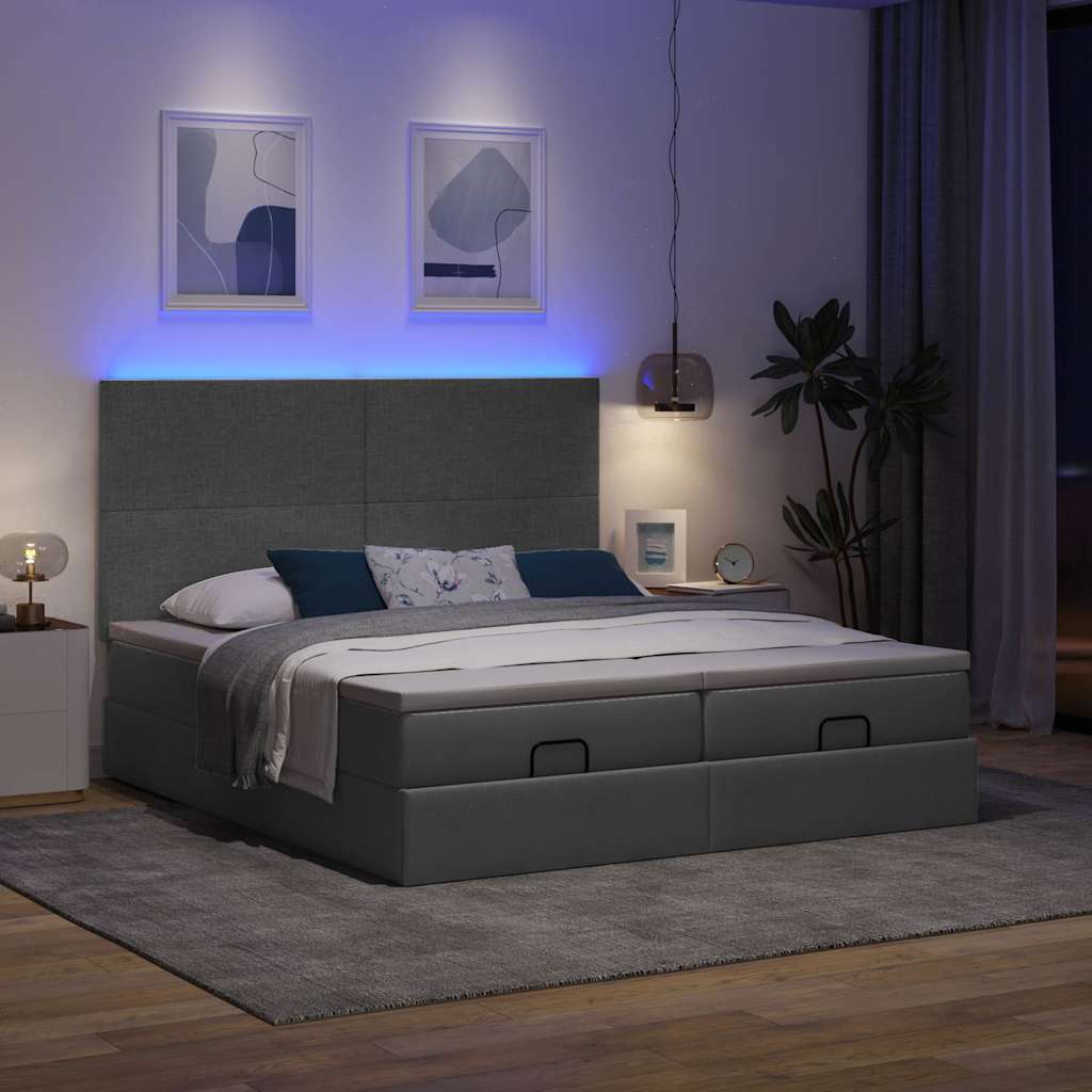 Ottoman-Bett mit Matratzen & LEDs Dunkelgrau 200x200 cm Stoff