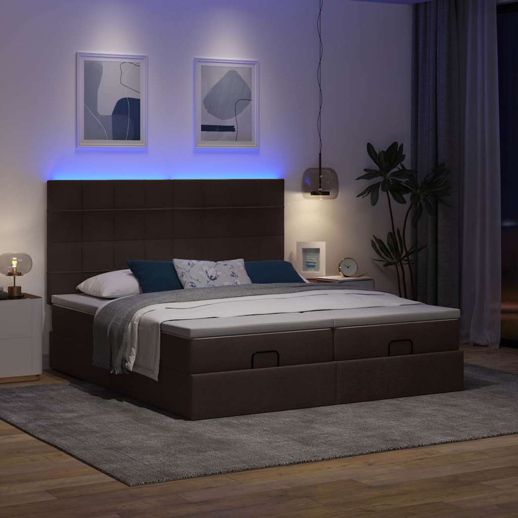 Ottoman-Bett mit Matratzen & LEDs Dunkelbraun 200x200 cm Stoff