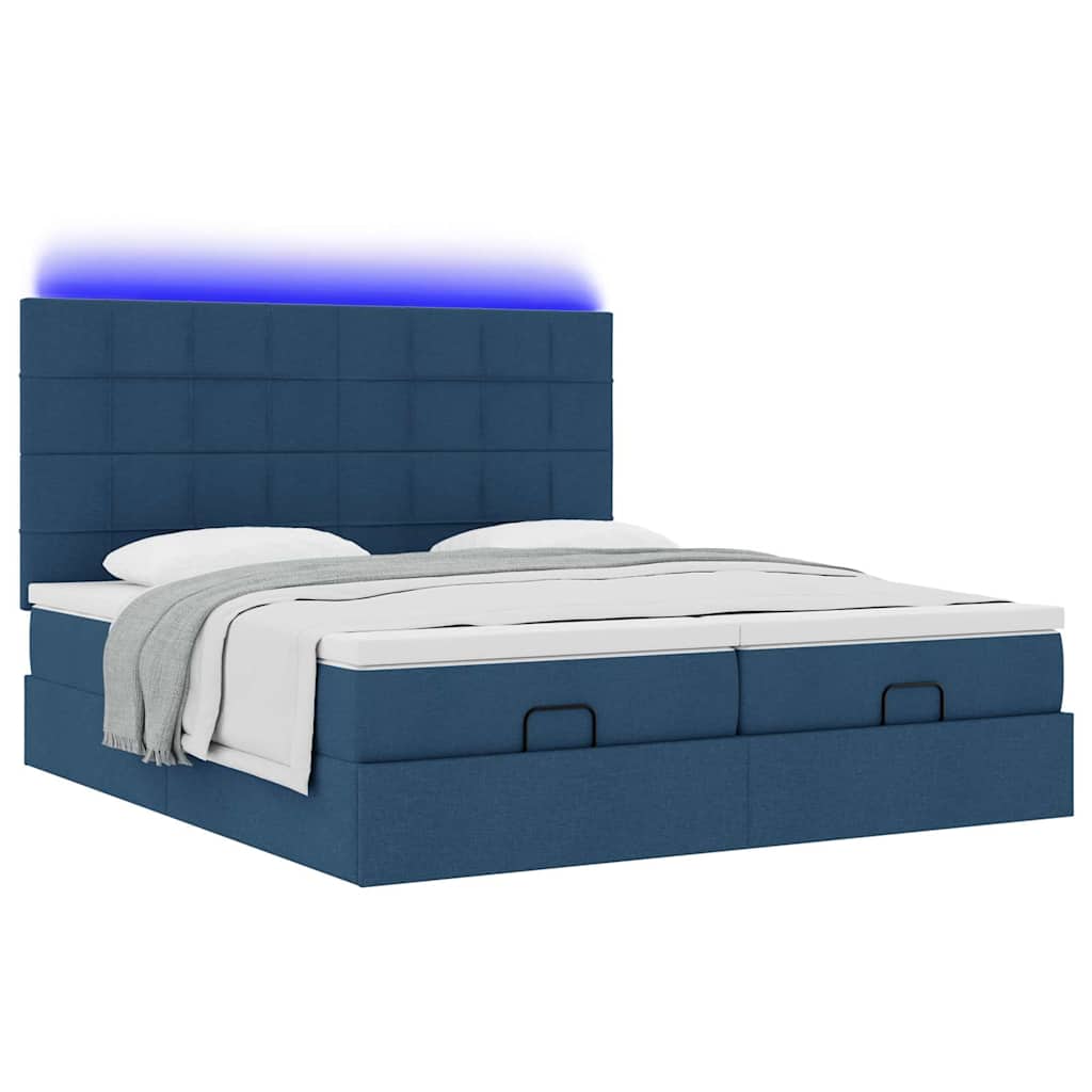 vidaXL Ottoman-Bett mit Matratzen & LEDs Blau 200x200 cm Stoff