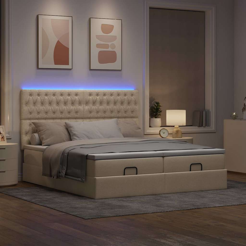 Ottoman-Bett mit Matratzen & LEDs Creme 180x200 cm Stoff