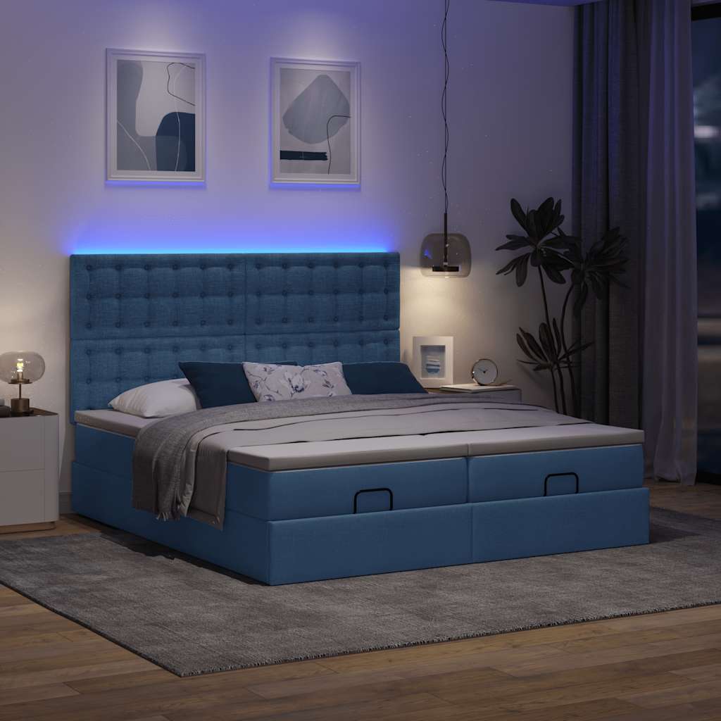 Ottoman-Bett mit Matratzen & LEDs Blau 200x200 cm Stoff