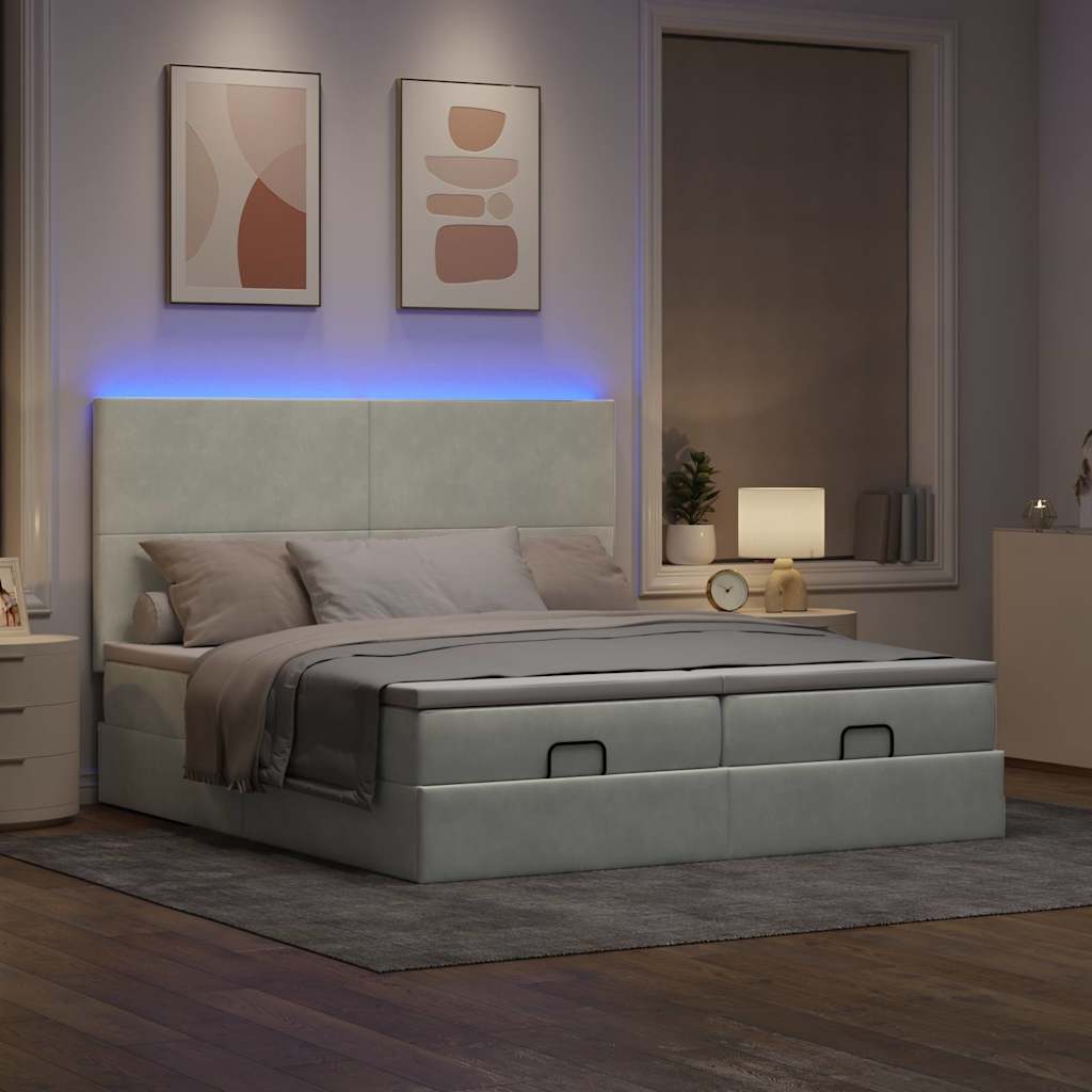 Ottoman-Bett mit Matratzen & LEDs Hellgrau 160x200 cm Samt