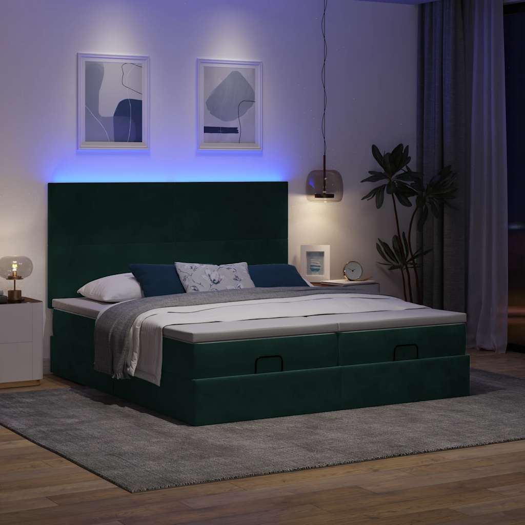 Ottoman-Bett mit Matratzen & LEDs Dunkelgrün 180x200 cm Samt