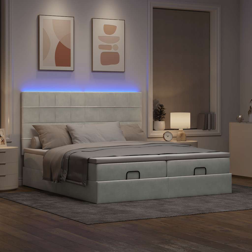 vidaXL Ottoman-Bett mit Matratzen & LEDs Hellgrau 160x200 cm Samt
