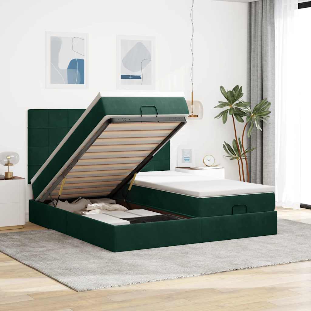 vidaXL Ottoman-Bett mit Matratzen & LEDs Dunkelgrün 160x200 cm Samt