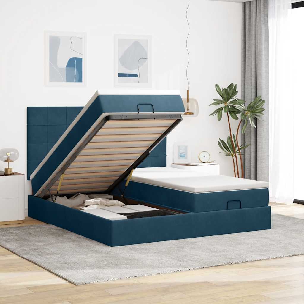 vidaXL Ottoman-Bett mit Matratzen & LEDs Dunkelblau 160x200 cm Samt