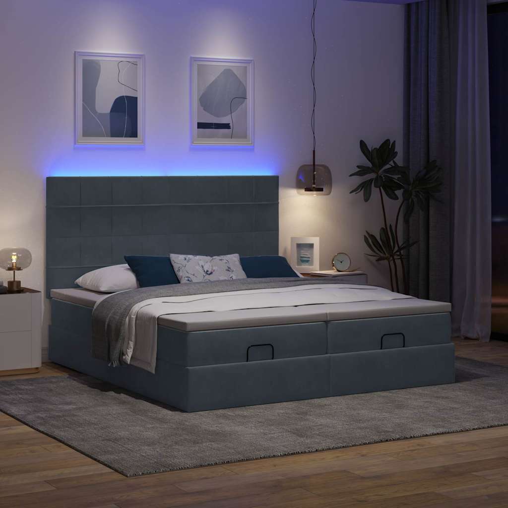 Ottoman-Bett mit Matratzen & LEDs Dunkelgrau 200x200 cm Samt