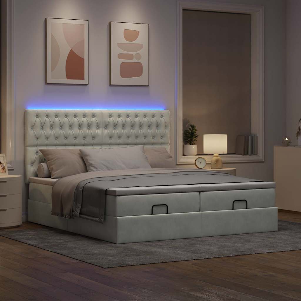 Ottoman-Bett mit Matratzen & LEDs Hellgrau 160x200 cm Samt