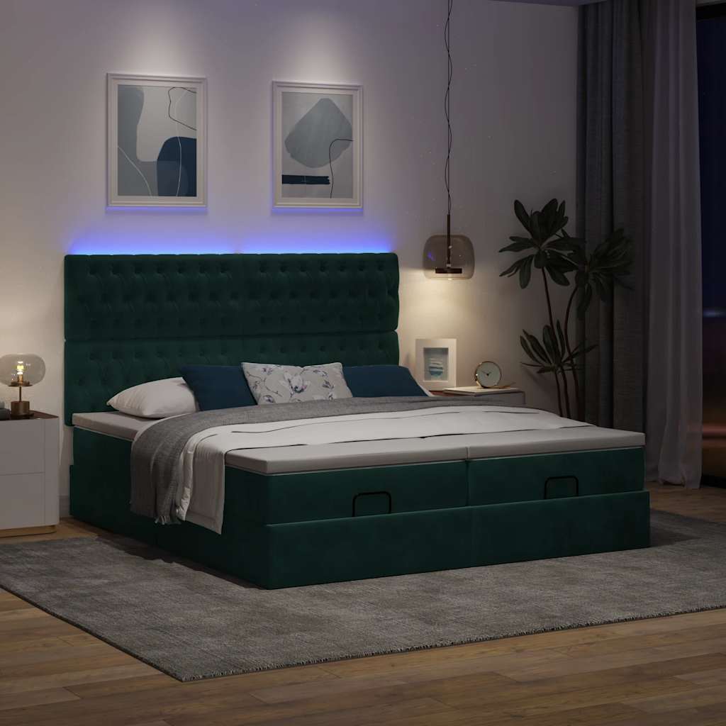 vidaXL Lit ottoman avec matelas et LED vert foncé 160x200 cm Velours