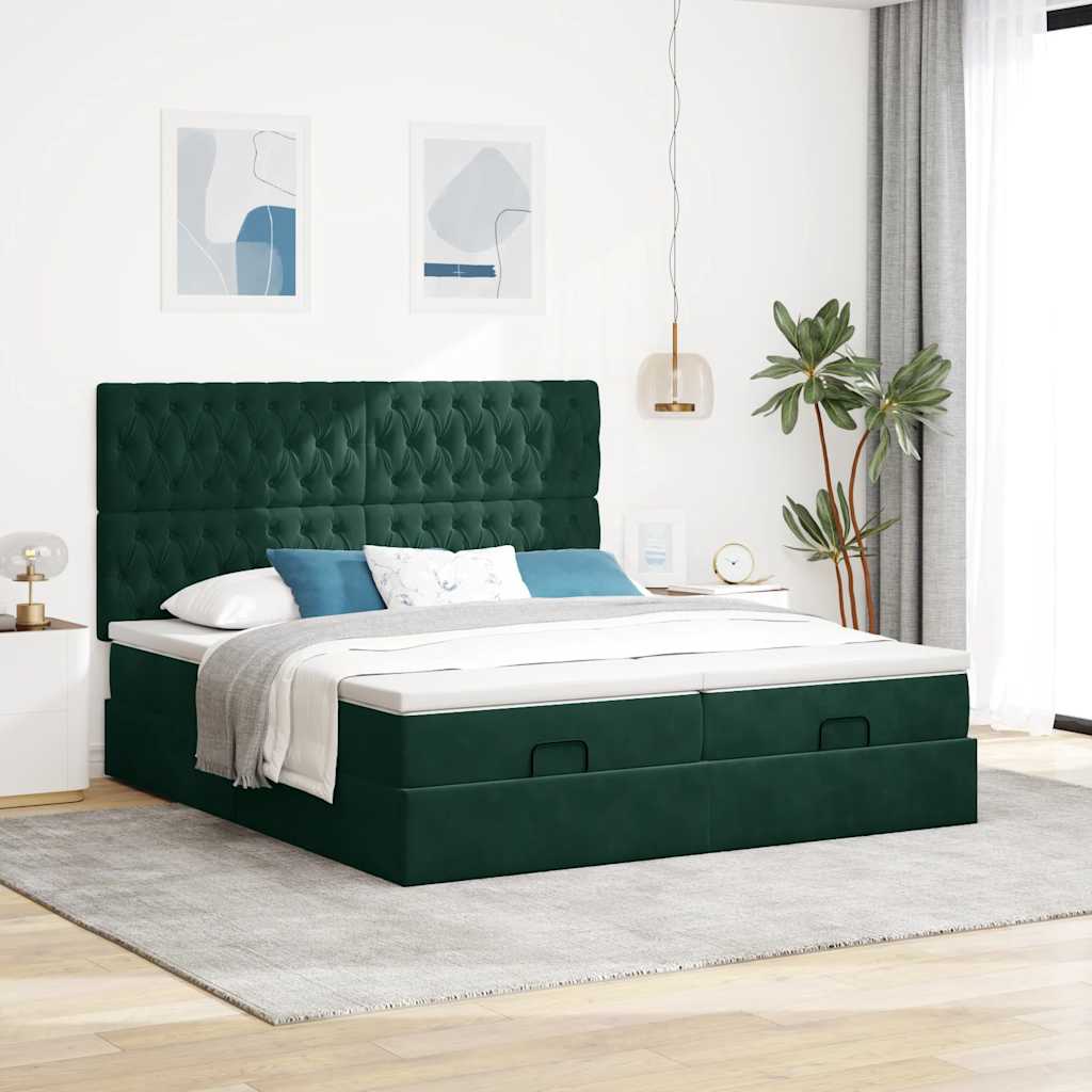 vidaXL Lit ottoman avec matelas et LED vert foncé 160x200 cm Velours
