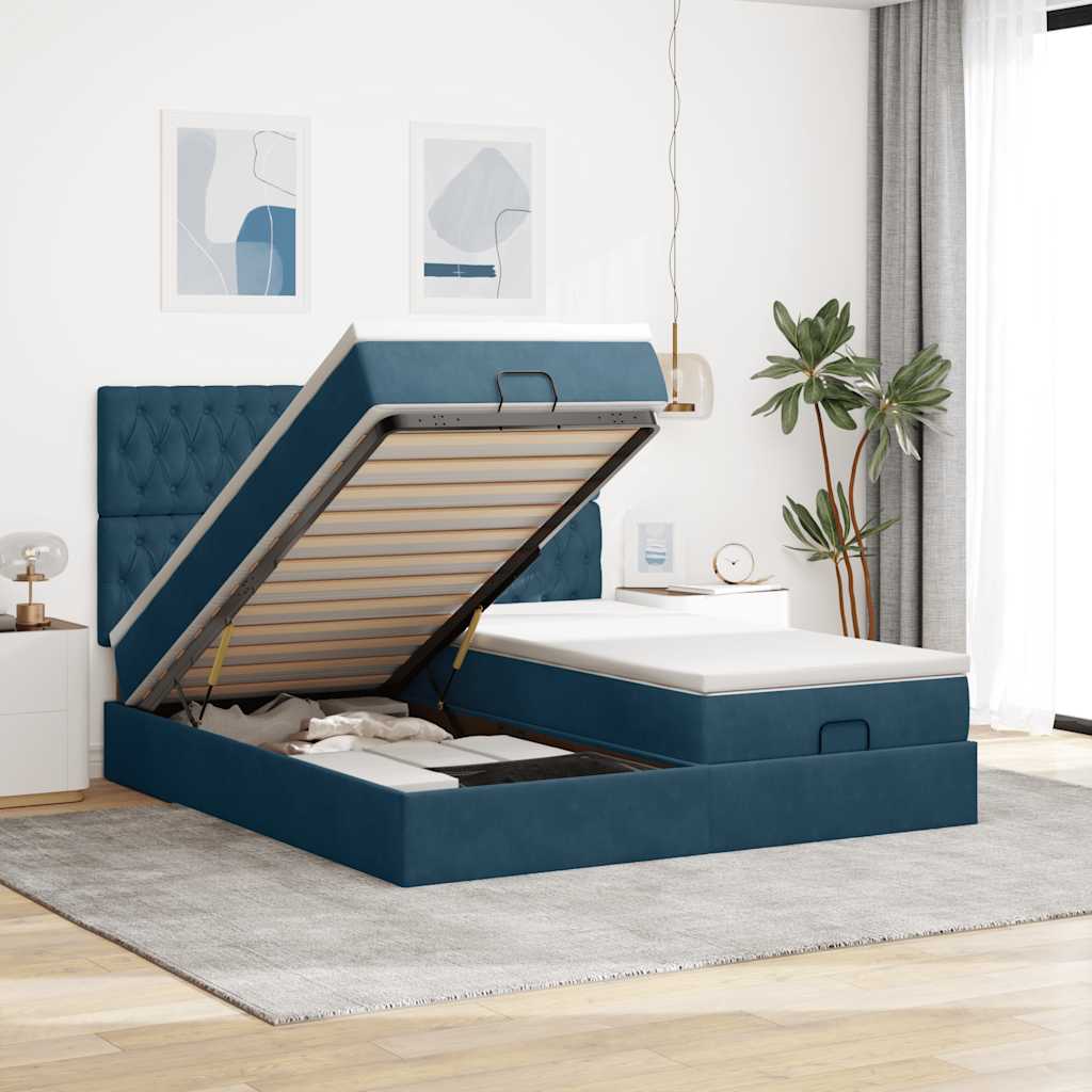 vidaXL Ottoman-Bett mit Matratzen & LEDs Dunkelblau 180x200 cm Samt