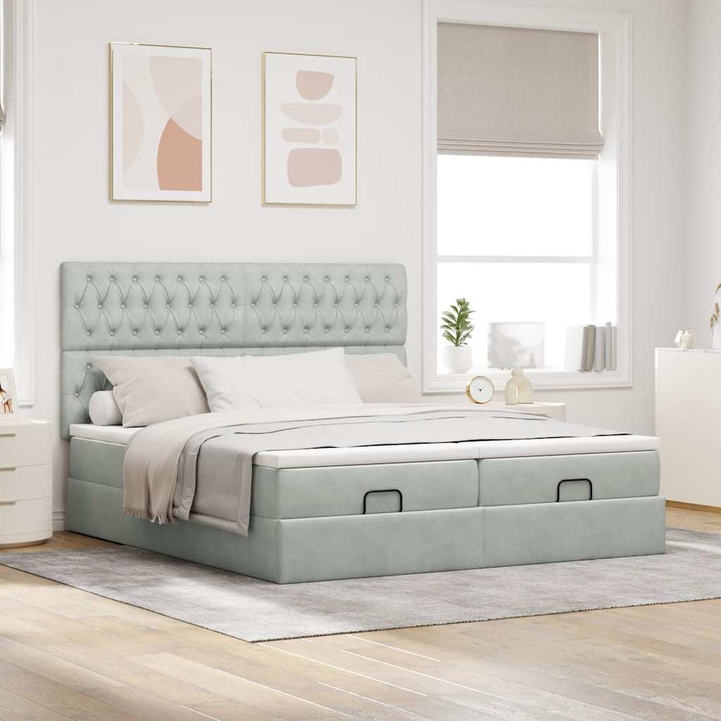 vidaXL Ottoman-Bett mit Matratzen & LEDs Hellgrau 200x200 cm Samt