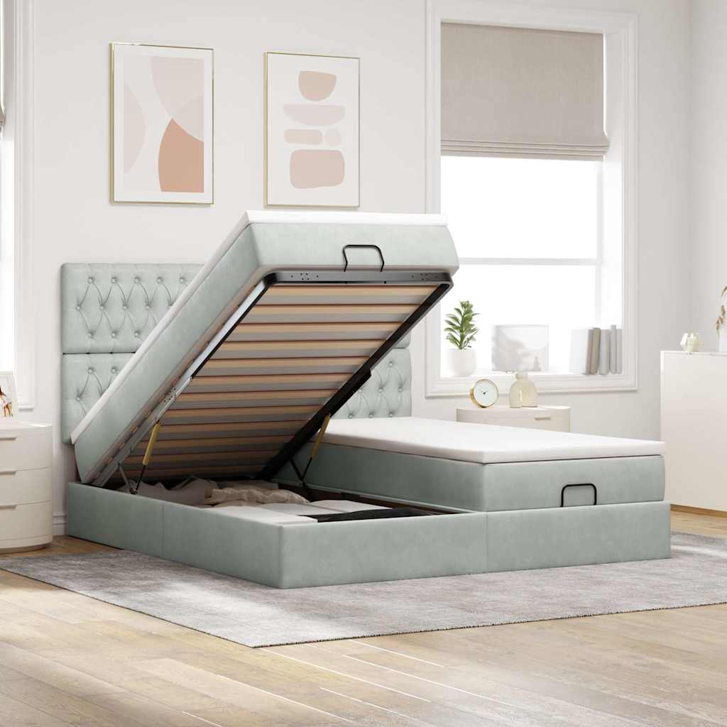 vidaXL Ottoman-Bett mit Matratzen & LEDs Hellgrau 200x200 cm Samt