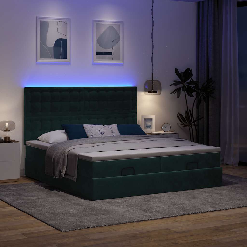 vidaXL Ottoman-Bett mit Matratzen & LEDs Dunkelgrün 200x200 cm Samt