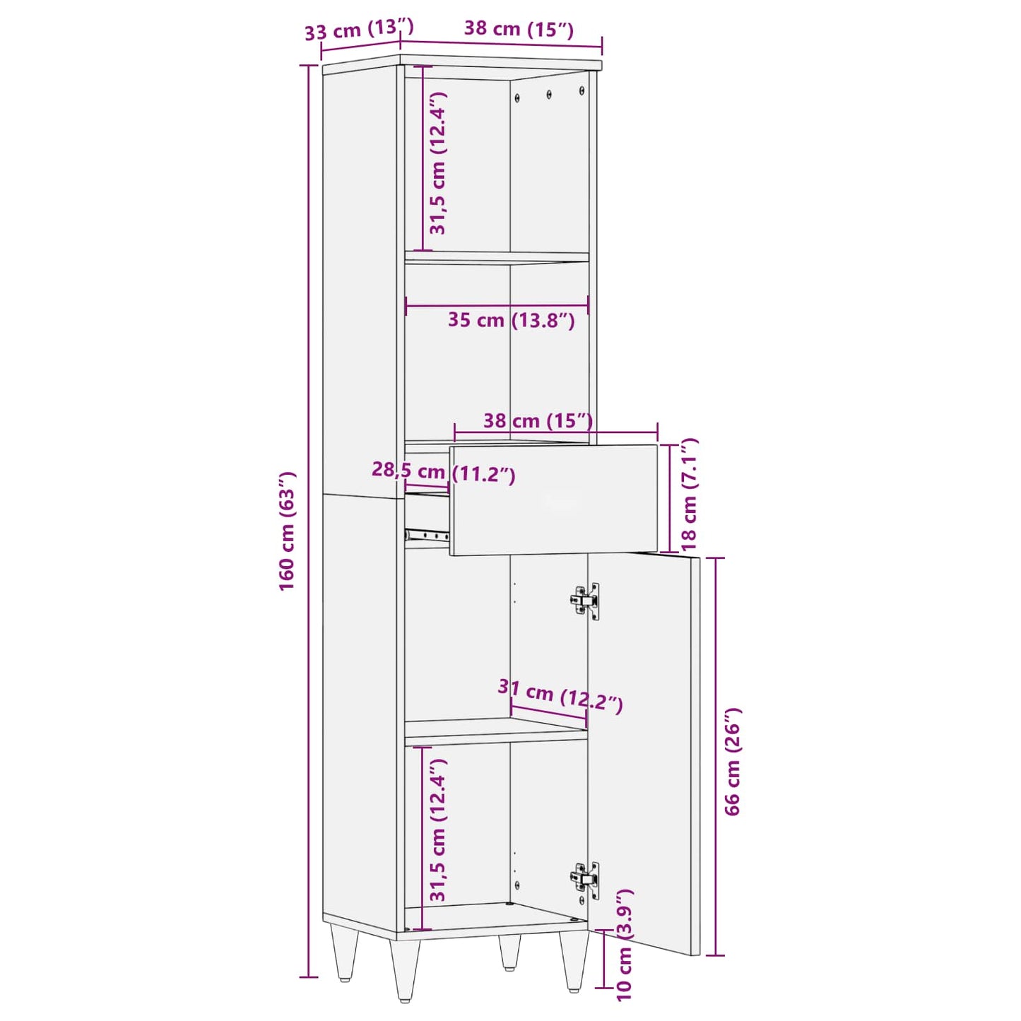 vidaXL Badezimmerschrank mit Schubladen Mehrfarbig 38 x 33,5 x 160 cm
