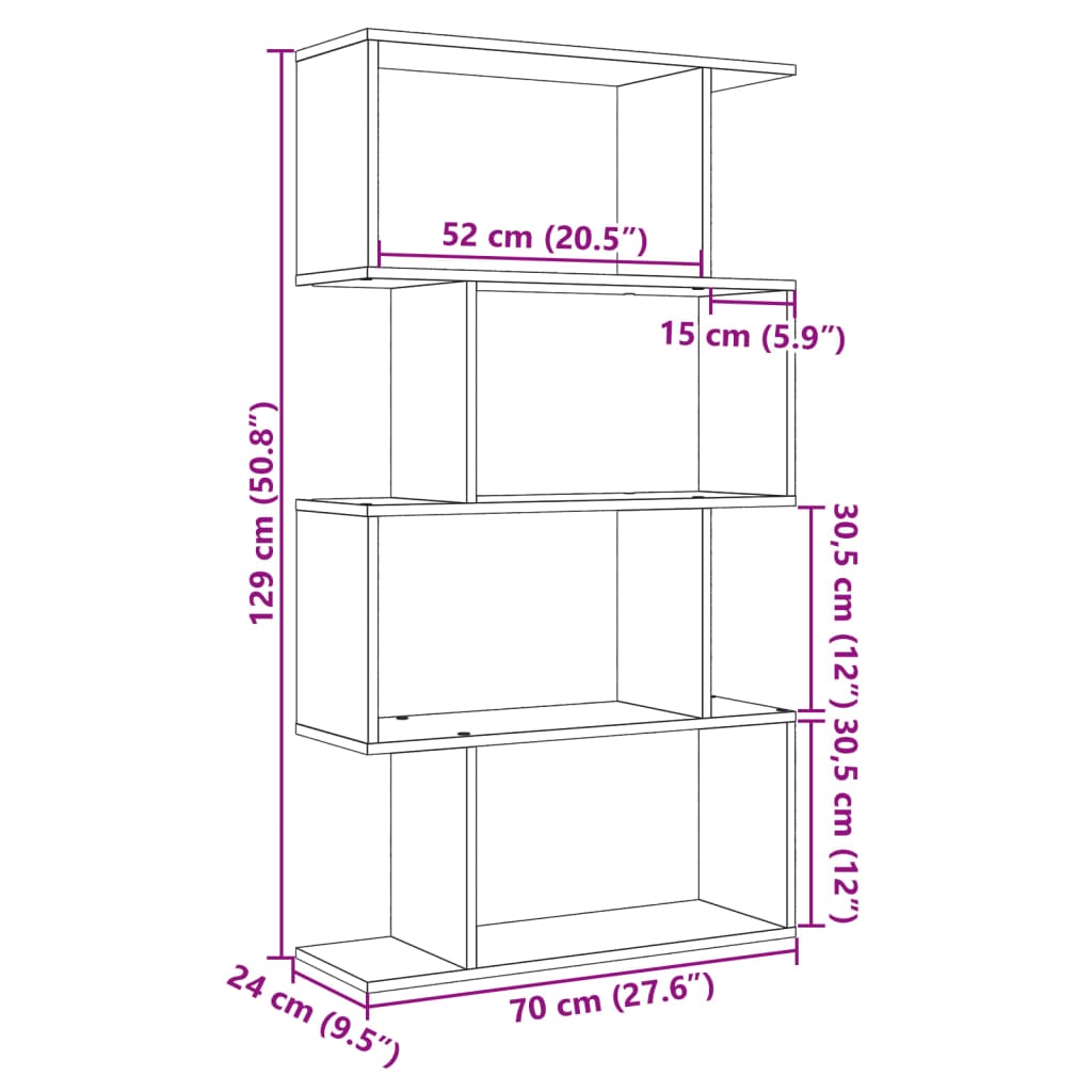 vidaXL Raumteiler-Bücherregal 4 Böden Betongrau 70x24x129 cm