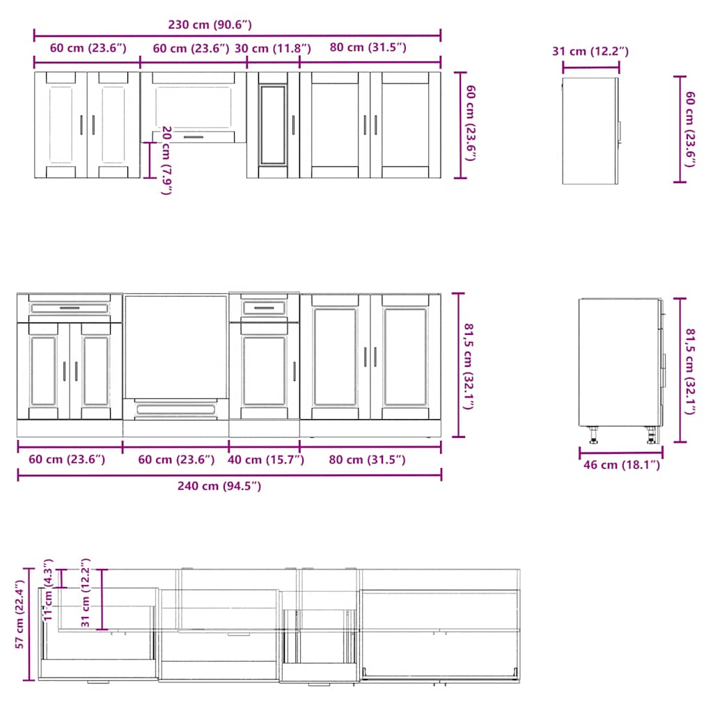 8-tlg. Küchenschrank-Set Kalmar Grau Sonoma Holzwerkstoff