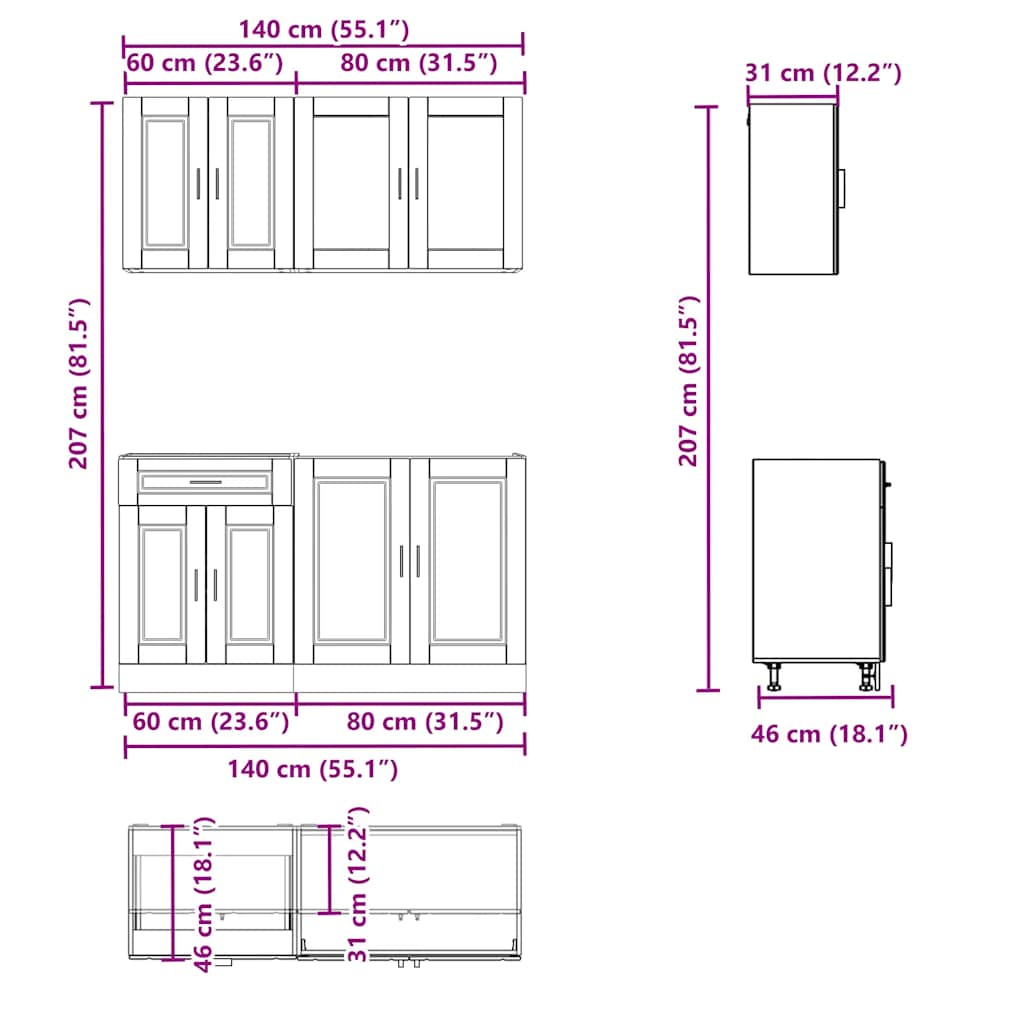 vidaXL Meuble de cuisine 4 pcs Porto Gris béton en bois d'ingénierie