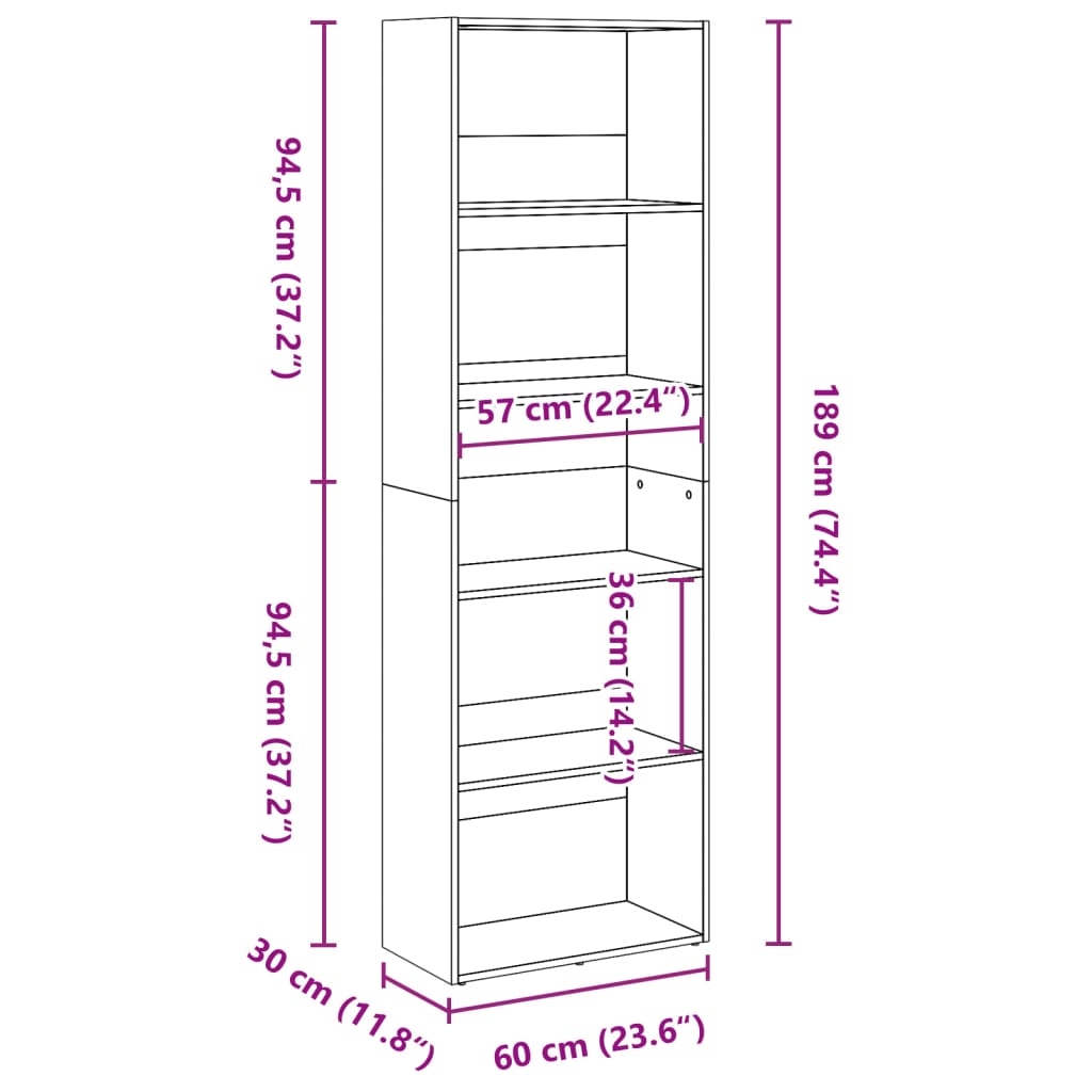 vidaXL Bücherregal Grau Sonoma 60x30x189 cm Holzwerkstoff