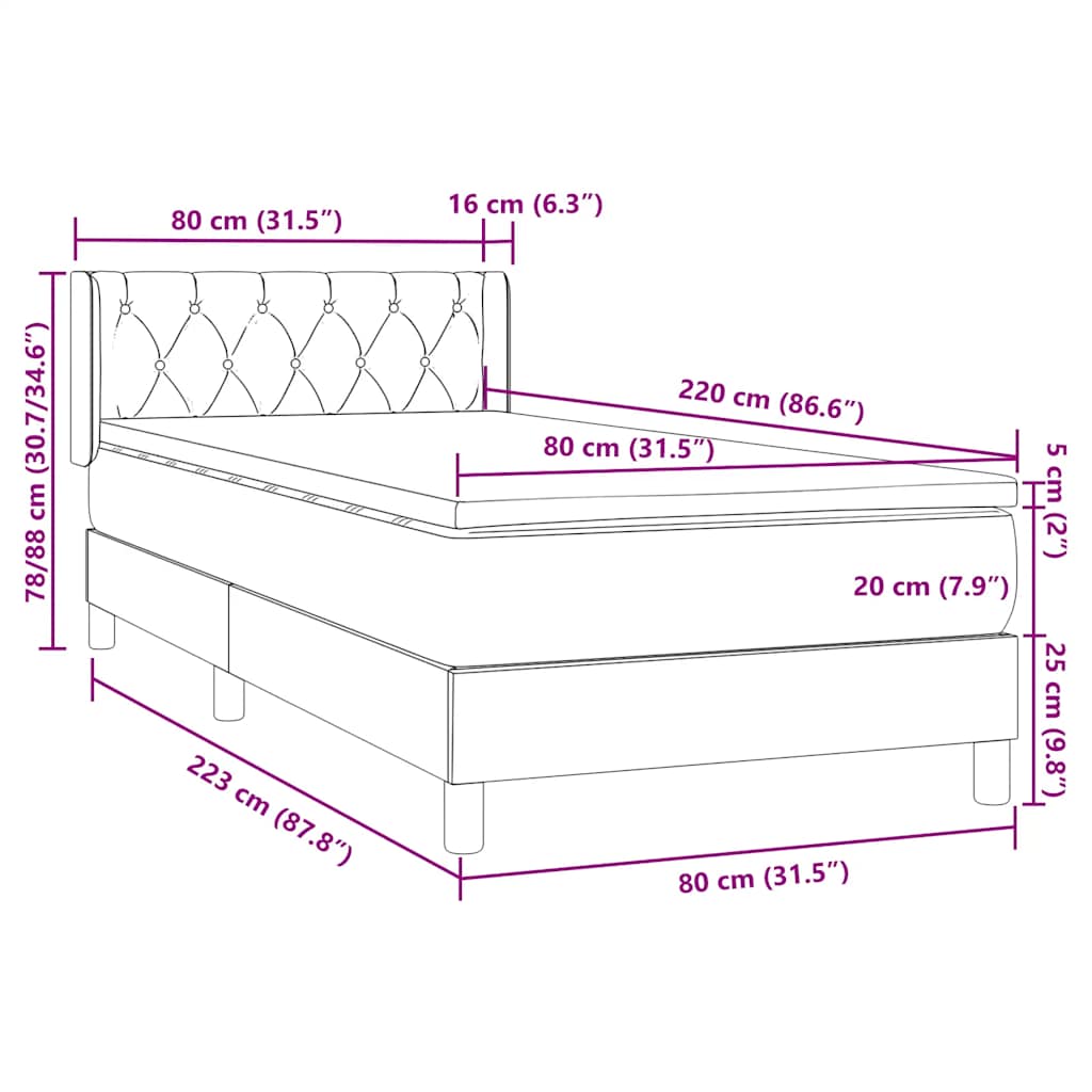 vidaXL Lit coffre avec matelas Noir 80x210 cm Velours