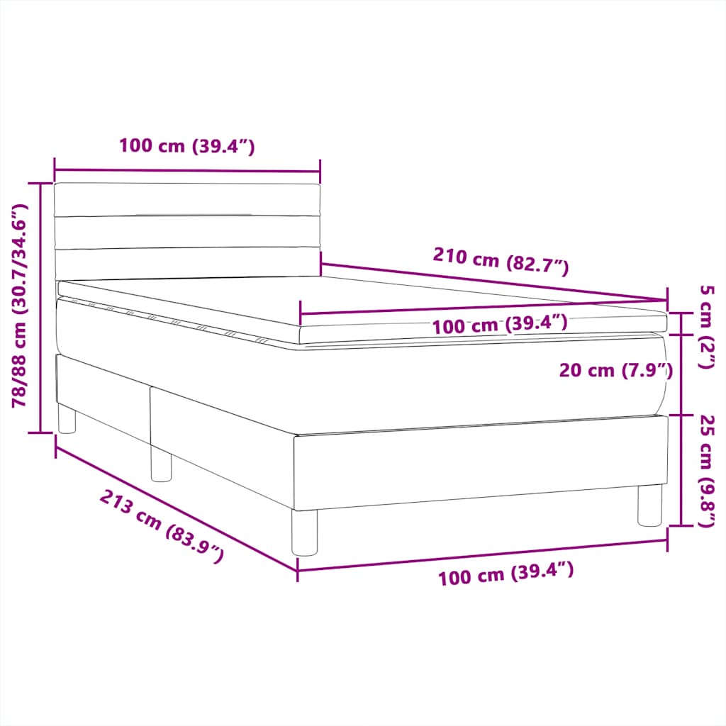 vidaXL Boxspringbett mit Matratze Hellgrau 100x210 cm Samt