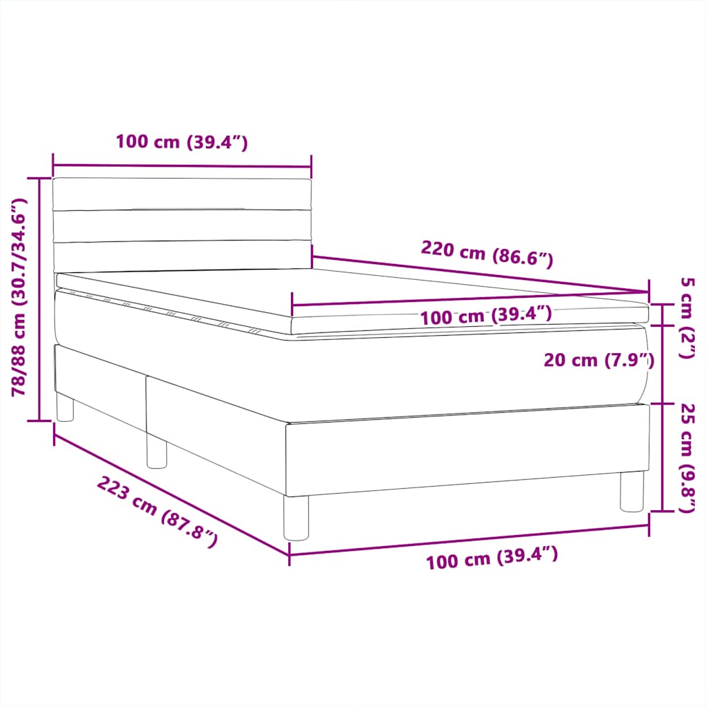 vidaXL Boxspringbett mit Matratze Dunkelgrau 100x220 cm Samt