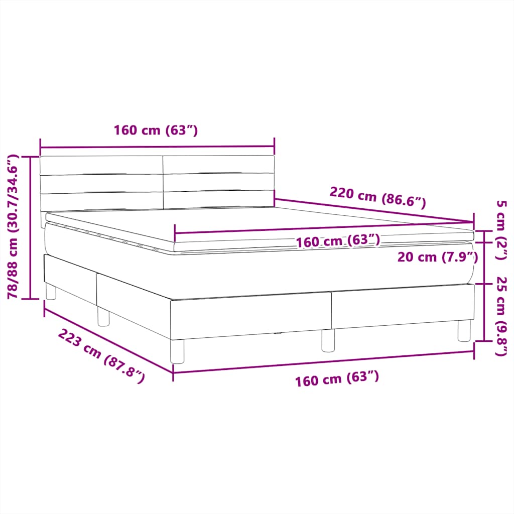 vidaXL Boxspringbett mit Matratze Dunkelblau 160x220 cm Samt