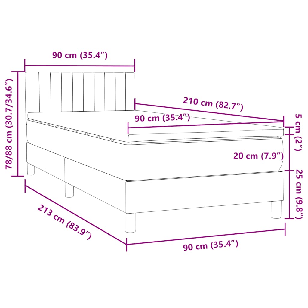vidaXL Boxspringbett mit Matratze Hellgrau 90x210 cm Samt