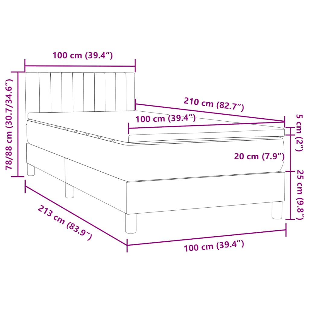 vidaXL Boxspringbett mit Matratze Hellgrau 100x210 cm Samt