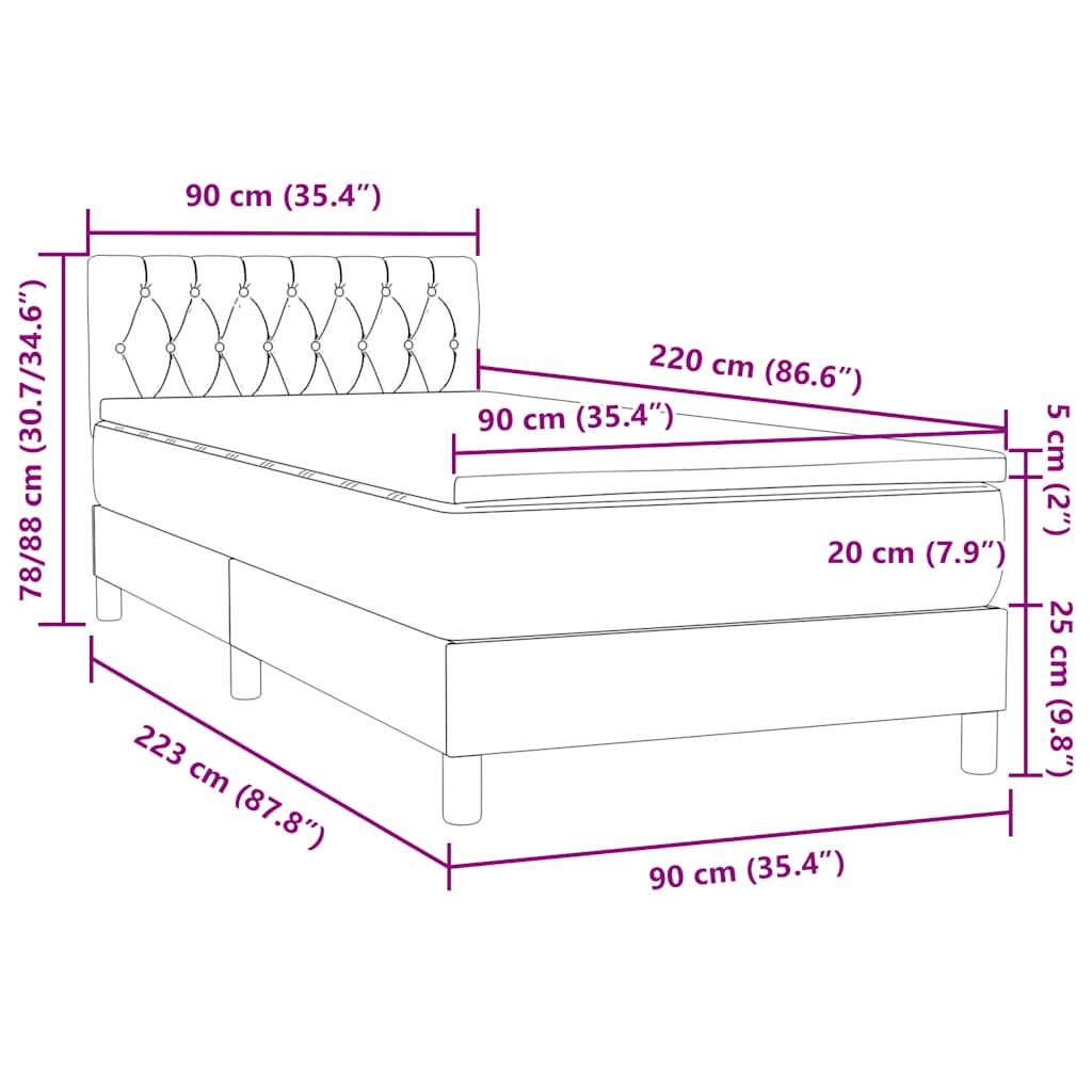 vidaXL Boxspringbett mit Matratze Dunkelgrau 90x220 cm Samt