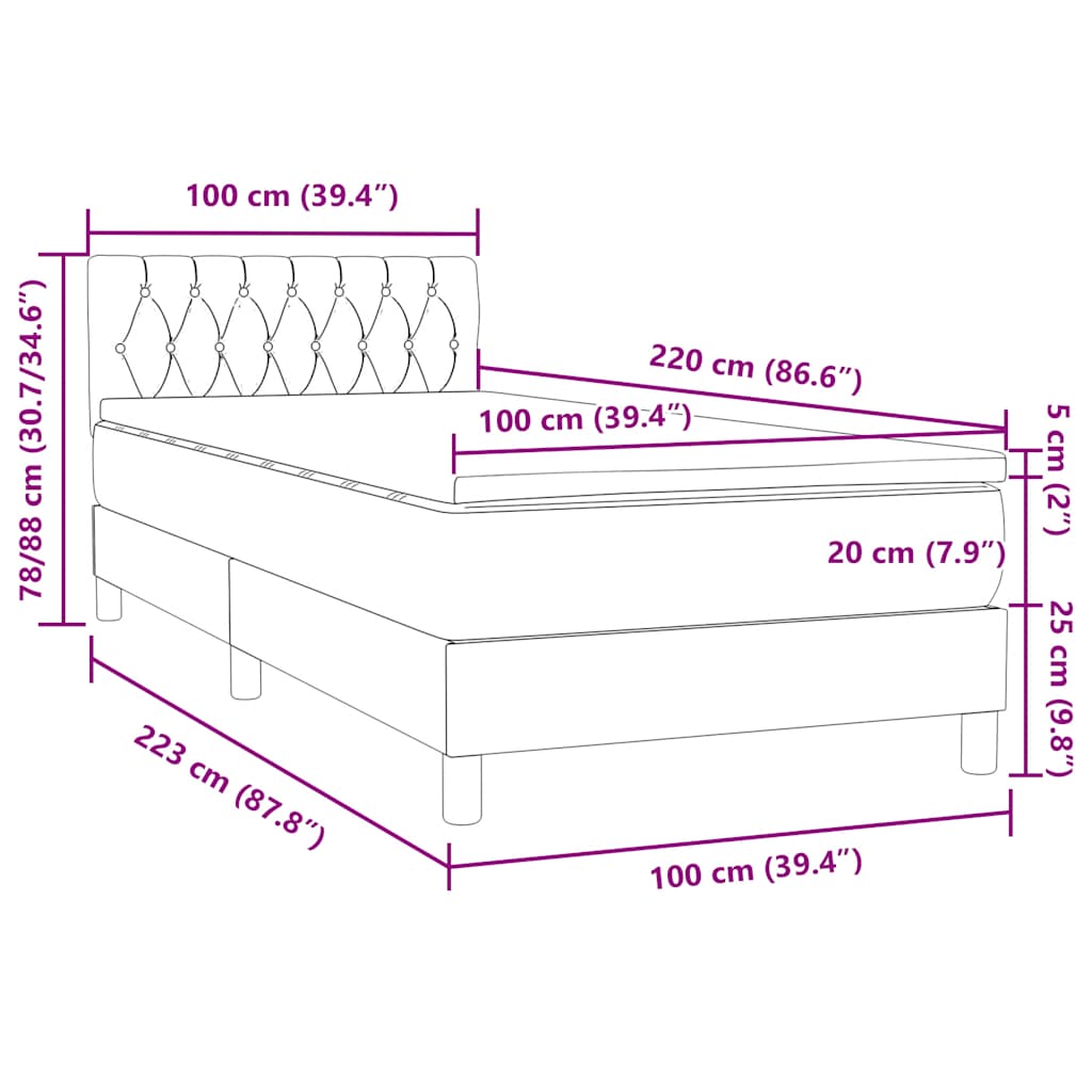 vidaXL Lit continental avec matelas gris foncé 100x220 cm Velours