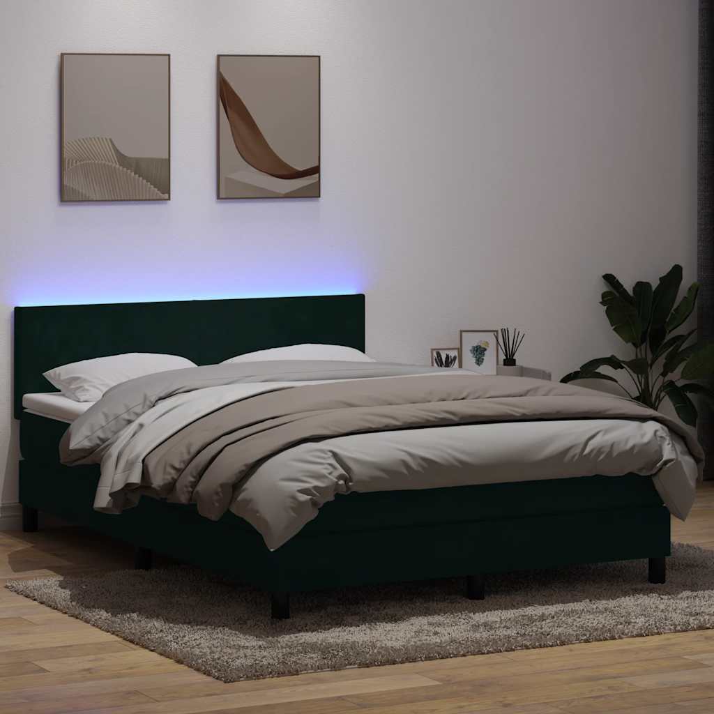 vidaXL Boxspringbett mit Matratze & LED Dunkelgrün 140x210 cm Samt
