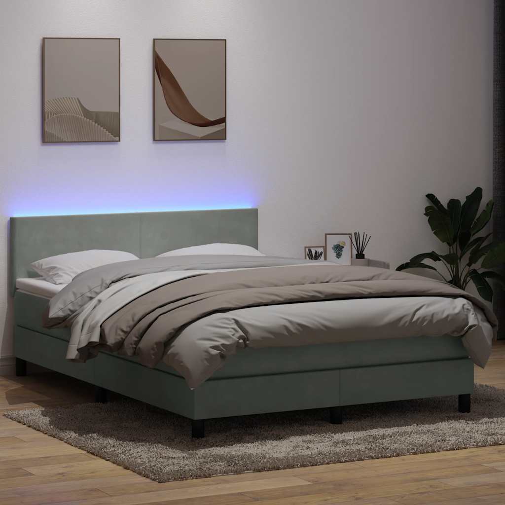 vidaXL Boxspringbett mit Matratze & LED Hellgrau 160x210 cm Samt