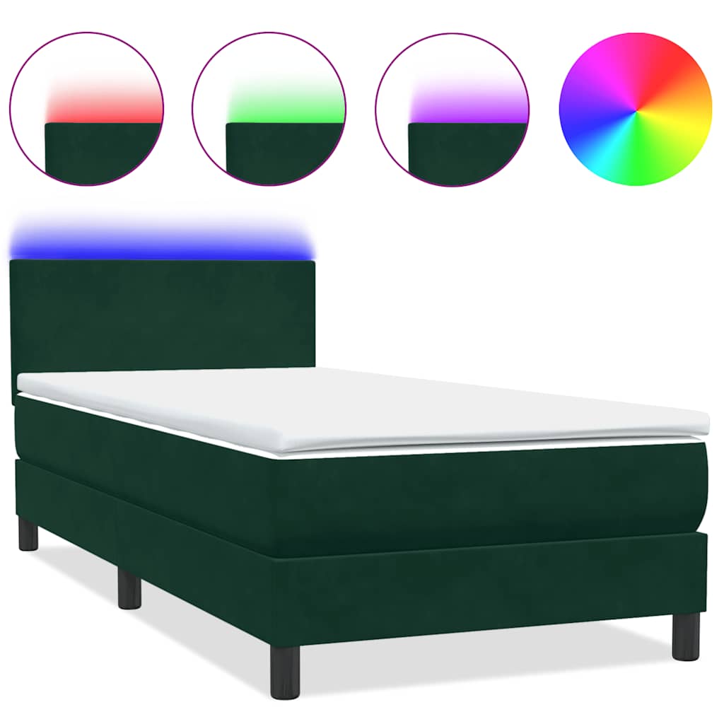 vidaXL Boxspringbett mit Matratze & LED Dunkelgrün 100x220 cm Samt