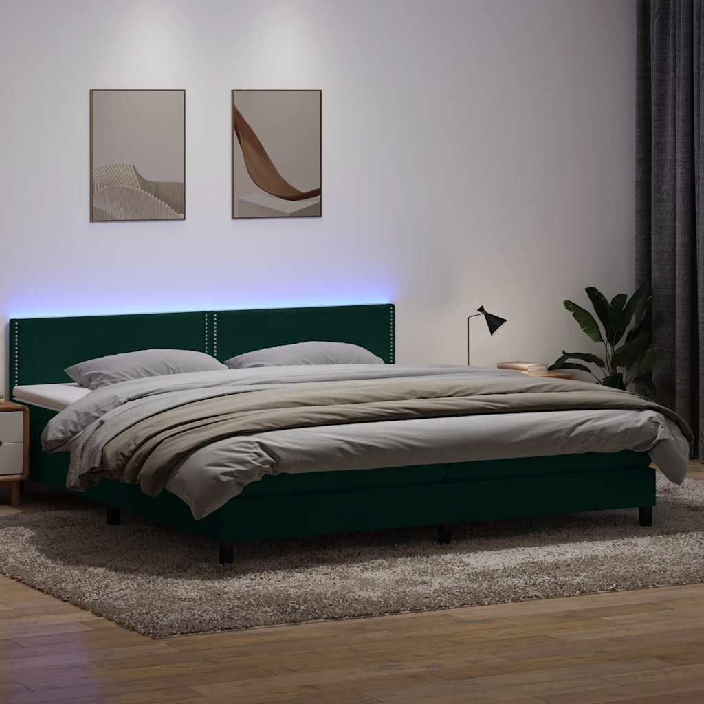 vidaXL Boxspringbett mit Matratze & LED Dunkelgrün 180x220 cm Samt